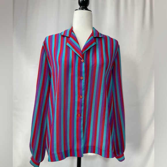 Vintage Tops - VINTAGE Purple, Red, Blue Striped Polyester Button Front Blouse - Style Rite, TO